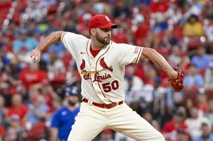 Jul 29, 2023; St. Louis, Missouri, USA;  St. Louis Cardinals starting pitcher Adam Wainwright (50) pitches against the Chicago Cubs during the first inning at Busch Stadium. Mandatory Credit: Jeff Curry-USA TODAY Sports