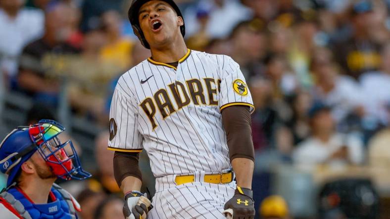 Jul 29, 2023; San Diego, California, USA;  San Diego Padres left fielder Juan Soto (22) reacts after flying out to left field during the fifth inning against the Texas Rangers at Petco Park. Mandatory Credit: David Frerker-USA TODAY Sports