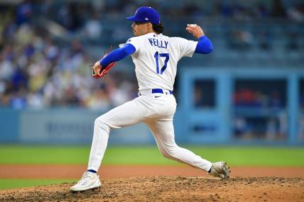 Jul 29, 2023; Los Angeles, California, USA; Los Angeles Dodgers relief pitcher Joe Kelly (17) throws against the Cincinnati Reds during the sixth inning at Dodger Stadium. Mandatory Credit: Gary A. Vasquez-USA TODAY Sports