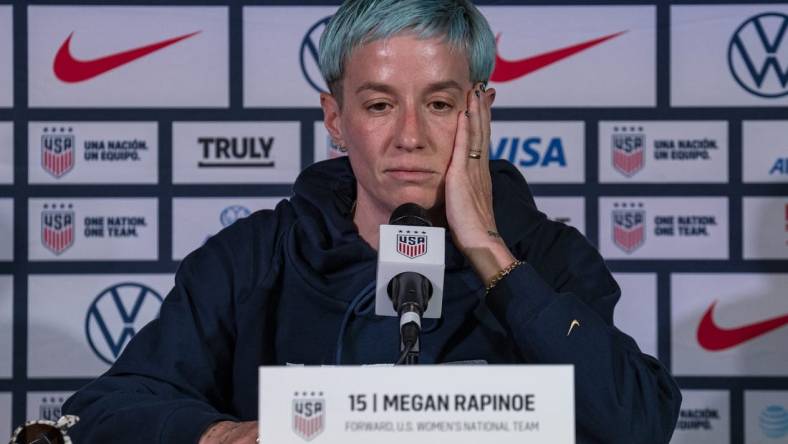 Jul 30, 2023; Auckland, NZL; United States forward Megan Rapinoe (15) answers questions from journalists during a U.S. soccer press conference amid the 2023 FIFA Women's World Cup. Mandatory Credit: Jenna Watson-USA TODAY Sports