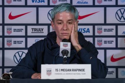 Jul 30, 2023; Auckland, NZL; United States forward Megan Rapinoe (15) answers questions from journalists during a U.S. soccer press conference amid the 2023 FIFA Women's World Cup. Mandatory Credit: Jenna Watson-USA TODAY Sports