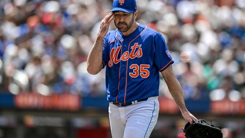 Jul 30, 2023; New York City, New York, USA; New York Mets starting pitcher Justin Verlander (35) walks to the dugout during the fourth inning against the Washington Nationals at Citi Field. Mandatory Credit: John Jones-USA TODAY Sports