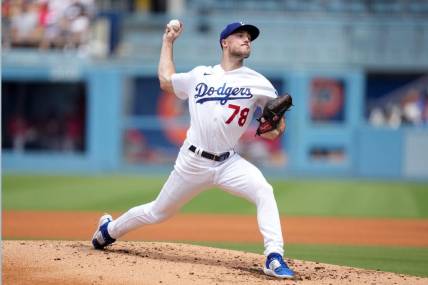 Jul 30, 2023; Los Angeles, California, USA; Los Angeles Dodgers starting pitcher Michael Grove (78) throws in the third inning against the Cincinnati Reds at Dodger Stadium. Mandatory Credit: Kirby Lee-USA TODAY Sports