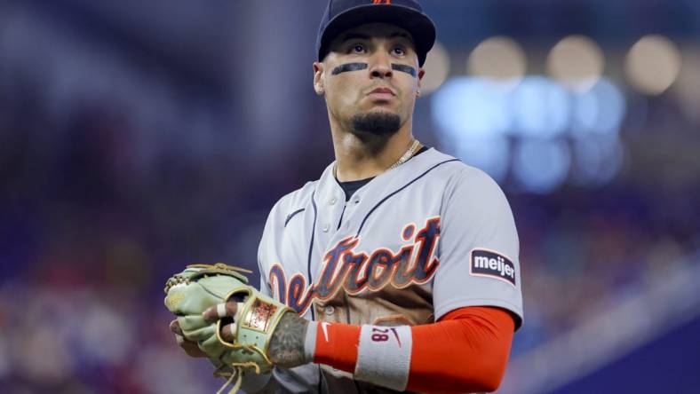 Jul 30, 2023; Miami, Florida, USA; Detroit Tigers shortstop Javier Baez (28) looks on against the Miami Marlins at loanDepot Park. Mandatory Credit: Sam Navarro-USA TODAY Sports