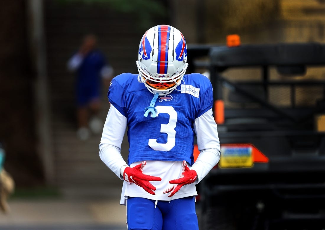 Bills defensive back Damar Hamlin heads to the practice field for his first practice wearing pads after suffering a cardiac arrest during a game last season.