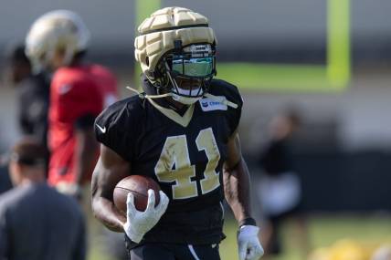 Jul 31, 2023; Metairie, LA, USA; New Orleans Saints running back Alvin Kamara (41) during training camp at the Ochsner Sports Performance Center. Mandatory Credit: Stephen Lew-USA TODAY Sports