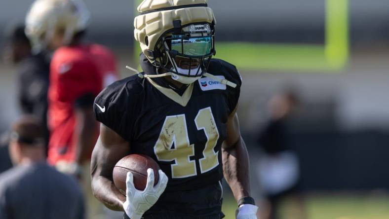 Jul 31, 2023; Metairie, LA, USA; New Orleans Saints running back Alvin Kamara (41) during training camp at the Ochsner Sports Performance Center. Mandatory Credit: Stephen Lew-USA TODAY Sports