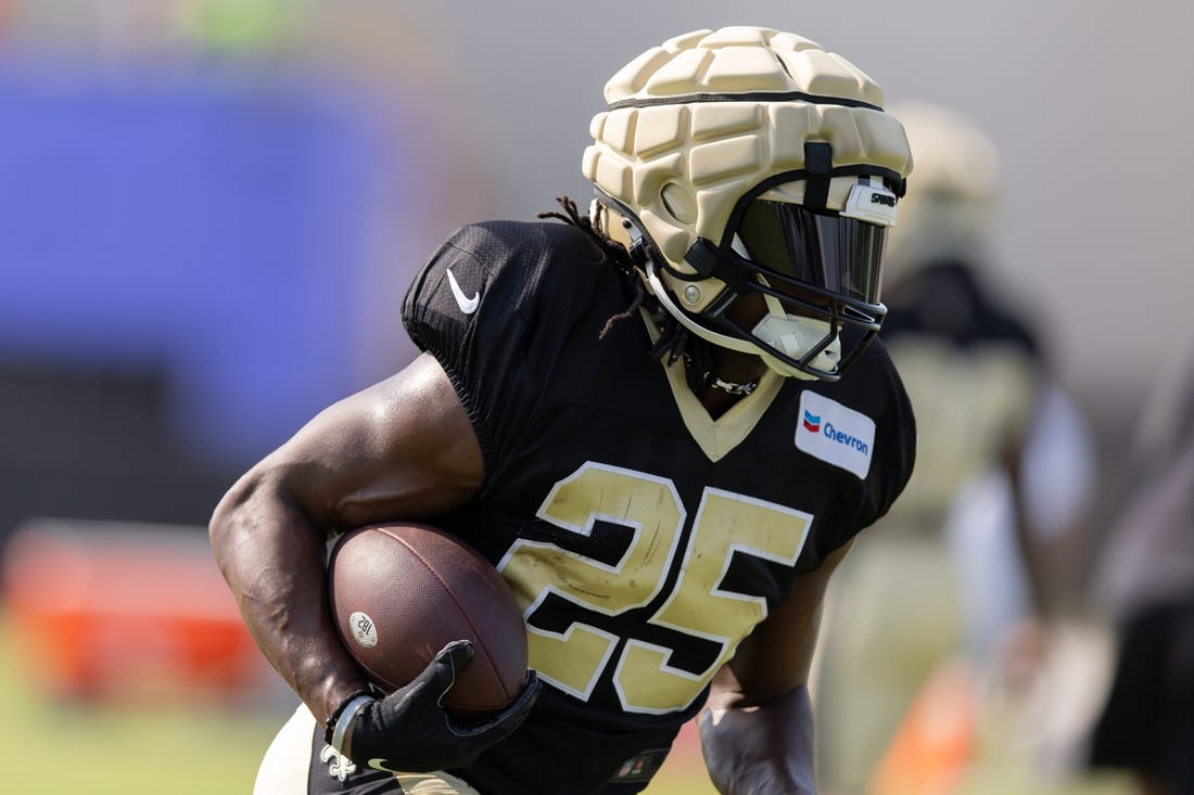 Jul 31, 2023; Metairie, LA, USA;  New Orleans Saints running back Kendre Miller (25) at Ochsner Sports Performance Center. Mandatory Credit: Stephen Lew-USA TODAY Sports