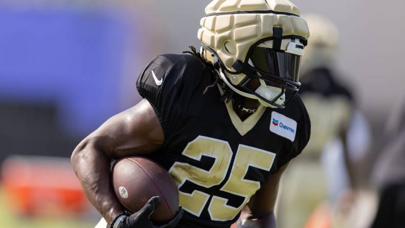 Jul 31, 2023; Metairie, LA, USA;  New Orleans Saints running back Kendre Miller (25) at Ochsner Sports Performance Center. Mandatory Credit: Stephen Lew-USA TODAY Sports