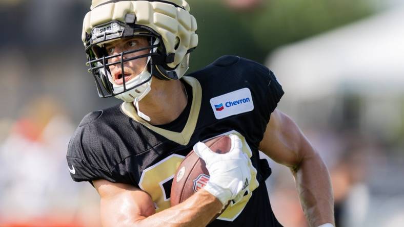 Jul 31, 2023; Metairie, LA, USA; New Orleans Saints tight end Jimmy Graham (80) during training camp at the Ochsner Sports Performance Center. Mandatory Credit: Stephen Lew-USA TODAY Sports