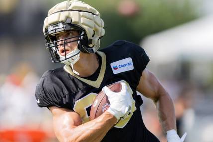 Jul 31, 2023; Metairie, LA, USA; New Orleans Saints tight end Jimmy Graham (80) during training camp at the Ochsner Sports Performance Center. Mandatory Credit: Stephen Lew-USA TODAY Sports