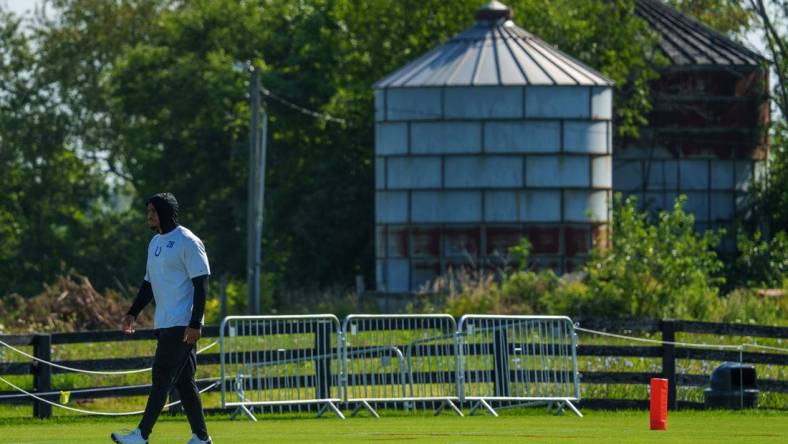 July 31, 2023; Westfield, IN, USA; Indianapolis Colts running back Jonathan Taylor (28) walks to a drill Monday, July 31, 2023, during training camp at the Grand Park Sports Campus in Westfield, Indiana. Mandatory Credit: Mykal McEldowney-USA TODAY Sports