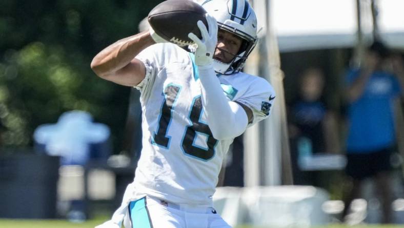 Jul 31, 2023; Spartanburg, SC, USA; Carolina Panthers wide receiver Damiere Byrd (18) makes a catch during practice during training camp at Wofford College. Mandatory Credit: Jim Dedmon-USA TODAY Sports