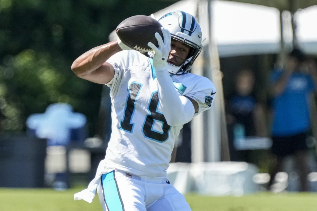 Jul 31, 2023; Spartanburg, SC, USA; Carolina Panthers wide receiver Damiere Byrd (18) makes a catch during practice during training camp at Wofford College. Mandatory Credit: Jim Dedmon-USA TODAY Sports