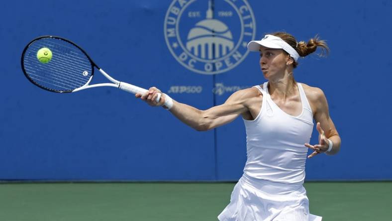 Jul 31, 2023; Washington, D.C., USA; Liudmila Samsonova  hits a forehand against Danielle Collins (USA) (not pictured) on day three of the Mubadala Citi DC Open at Fitzgerald Tennis Stadium. Mandatory Credit: Geoff Burke-USA TODAY Sports