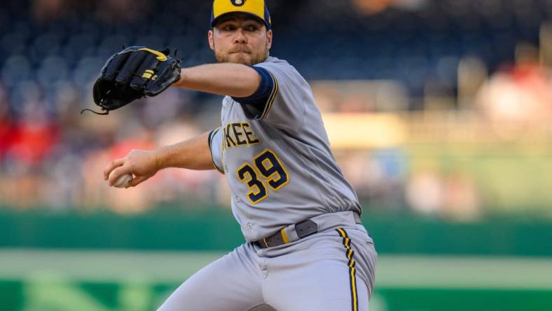 Jul 31, 2023; Washington, District of Columbia, USA; Milwaukee Brewers starting pitcher Corbin Burnes (39) throws a pitch during the second inning against the Washington Nationals at Nationals Park. Mandatory Credit: Reggie Hildred-USA TODAY Sports