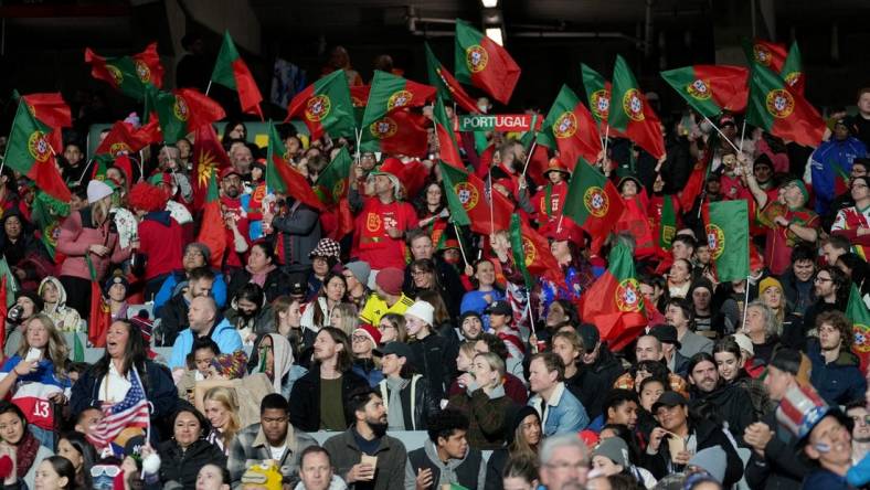 Aug 1, 2023; Auckland, NZL; Portugal fans before a group stage match against the United States during the 2023 FIFA Women's World Cup at Eden Park. Mandatory Credit: Jenna Watson-USA TODAY Sports