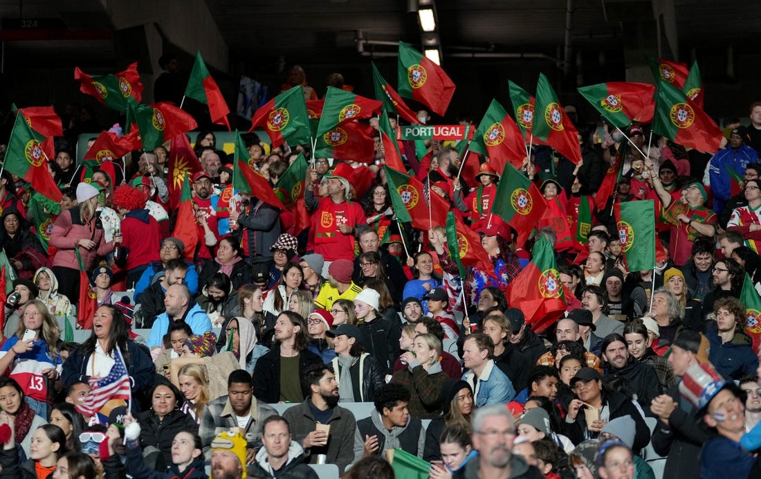 Aug 1, 2023; Auckland, NZL; Portugal fans before a group stage match against the United States during the 2023 FIFA Women's World Cup at Eden Park. Mandatory Credit: Jenna Watson-USA TODAY Sports