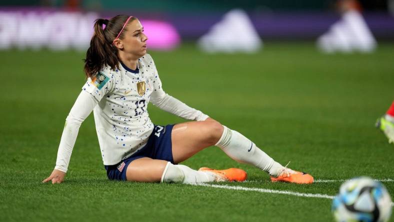 Aug 1, 2023; Auckland, NZL; United States forward Alex Morgan (13) reacts after a play during the second half a group stage match against Portugal during the 2023 FIFA Women's World Cup at Eden Park. Mandatory Credit: Jenna Watson-USA TODAY Sports