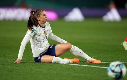 Aug 1, 2023; Auckland, NZL; United States forward Alex Morgan (13) reacts after a play during the second half a group stage match against Portugal during the 2023 FIFA Women's World Cup at Eden Park. Mandatory Credit: Jenna Watson-USA TODAY Sports
