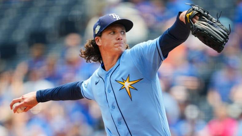 Jul 15, 2023; Kansas City, Missouri, USA; Tampa Bay Rays starting pitcher Tyler Glasnow (20) warms up during the first inning against the Kansas City Royals at Kauffman Stadium. Mandatory Credit: Jay Biggerstaff-USA TODAY Sports