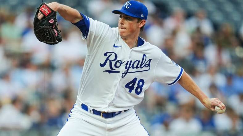 Jul 19, 2023; Kansas City, Missouri, USA; Kansas City Royals starting pitcher Ryan Yarbrough (48) pitches during the first inning against the Detroit Tigers at Kauffman Stadium. Mandatory Credit: Jay Biggerstaff-USA TODAY Sports