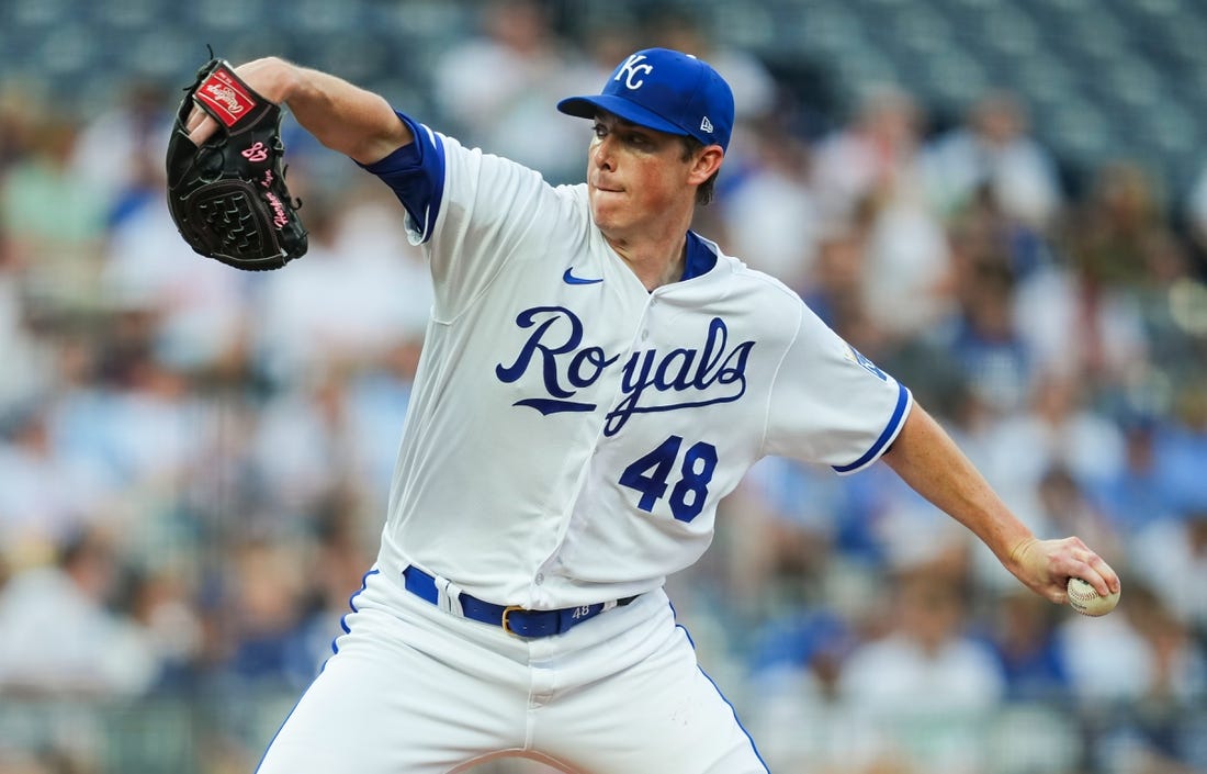 Jul 19, 2023; Kansas City, Missouri, USA; Kansas City Royals starting pitcher Ryan Yarbrough (48) pitches during the first inning against the Detroit Tigers at Kauffman Stadium. Mandatory Credit: Jay Biggerstaff-USA TODAY Sports