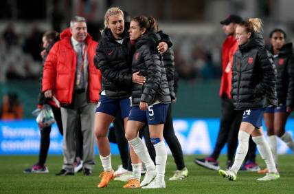 Aug 1, 2023; Auckland, NZL; United States midfielder Lindsey Horan (10) and defender Kelley O'Hara (5) after a group stage match against Portugal during the 2023 FIFA Women's World Cup at Eden Park. Mandatory Credit: Jenna Watson-USA TODAY Sports