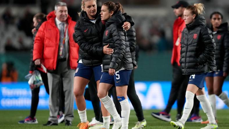 Aug 1, 2023; Auckland, NZL; United States midfielder Lindsey Horan (10) and defender Kelley O'Hara (5) after a group stage match against Portugal during the 2023 FIFA Women's World Cup at Eden Park. Mandatory Credit: Jenna Watson-USA TODAY Sports