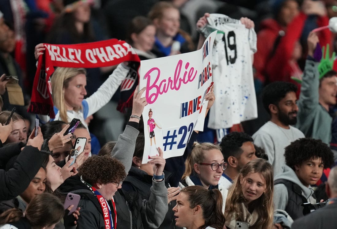 Aug 1, 2023; Auckland, NZL; Fans of the United States after a group stage match against Portugal during the 2023 FIFA Women's World Cup at Eden Park. Mandatory Credit: Jenna Watson-USA TODAY Sports