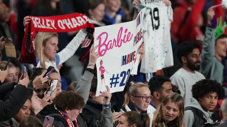 Aug 1, 2023; Auckland, NZL; Fans of the United States after a group stage match against Portugal during the 2023 FIFA Women's World Cup at Eden Park. Mandatory Credit: Jenna Watson-USA TODAY Sports