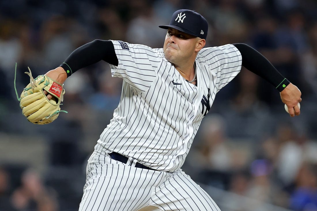 Aug 1, 2023; Bronx, New York, USA; New York Yankees relief pitcher Nick Ramirez (63) pitches against the Tampa Bay Rays during the ninth inning at Yankee Stadium. Mandatory Credit: Brad Penner-USA TODAY Sports