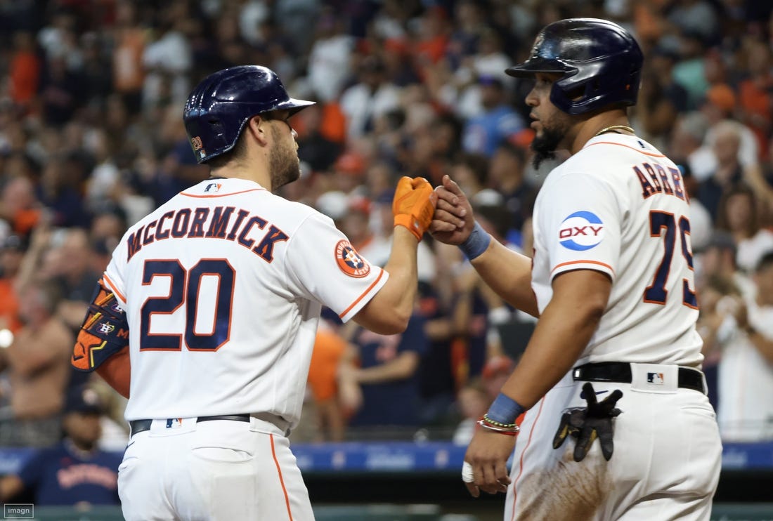Aug 2, 2023; Houston, Texas, USA; Houston Astros first baseman Jose Abreu (79) celebrates after a two-run home run by center fielder Chas McCormick (20) in the second inning  at Minute Maid Park. Mandatory Credit: Thomas Shea-USA TODAY Sports