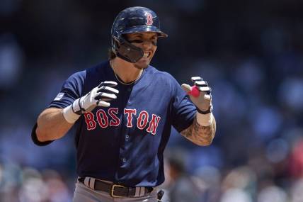 Aug 2, 2023; Seattle, Washington, USA; Boston Red Sox player Jarren Duran celebrates his two-run home run against the Seattle Mariners during the third inning at T-Mobile Park. Mandatory Credit: John Froschauer-USA TODAY Sports