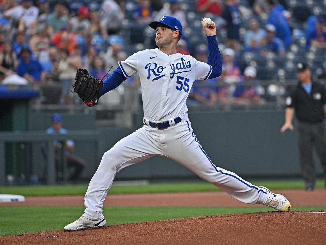 Aug 2, 2023; Kansas City, Missouri, USA;  Kansas City Royals starting pitcher Cole Ragans (55) delivers a pitch during the first inning the New York Mets against at Kauffman Stadium. Mandatory Credit: Peter Aiken-USA TODAY Sports