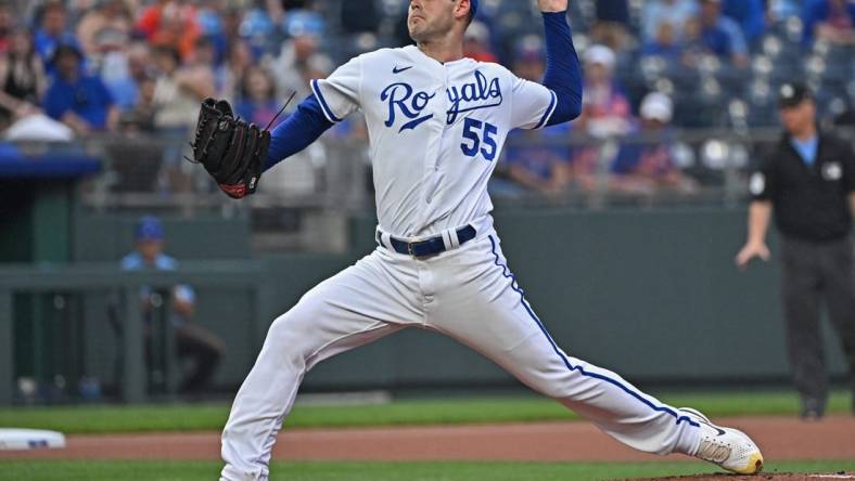 Aug 2, 2023; Kansas City, Missouri, USA;  Kansas City Royals starting pitcher Cole Ragans (55) delivers a pitch during the first inning the New York Mets against at Kauffman Stadium. Mandatory Credit: Peter Aiken-USA TODAY Sports