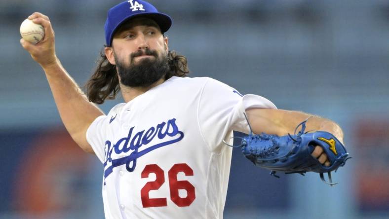 Aug 2, 2023; Los Angeles, California, USA;  Los Angeles Dodgers starting pitcher Tony Gonsolin (26) throws to the plate in the second inning against the Oakland Athletics at Dodger Stadium. Mandatory Credit: Jayne Kamin-Oncea-USA TODAY Sports