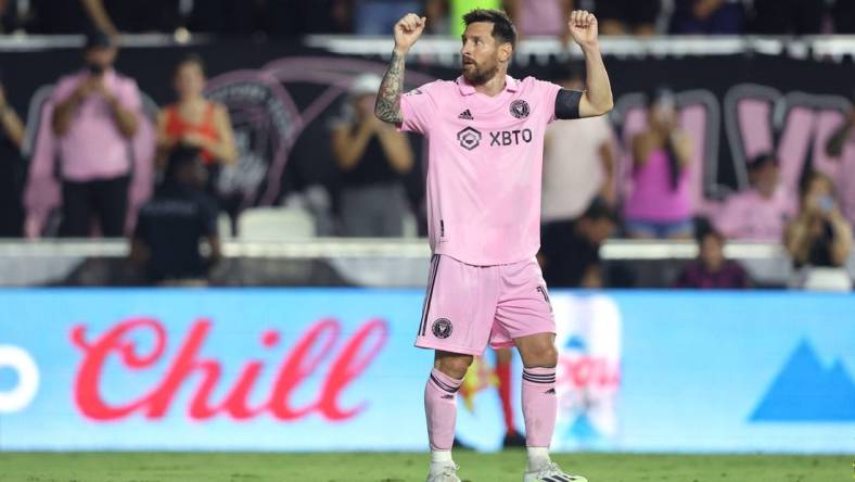 Aug 2, 2023; Fort Lauderdale, FL, USA;  Inter Miami CF forward Lionel Messi (10) celebrates after scoring a goal against Orlando City SC during the second half at DRV PNK Stadium. Mandatory Credit: Nathan Ray Seebeck-USA TODAY Sports