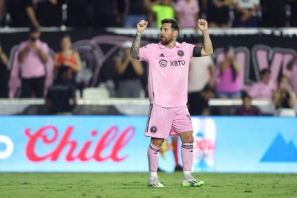 Aug 2, 2023; Fort Lauderdale, FL, USA;  Inter Miami CF forward Lionel Messi (10) celebrates after scoring a goal against Orlando City SC during the second half at DRV PNK Stadium. Mandatory Credit: Nathan Ray Seebeck-USA TODAY Sports