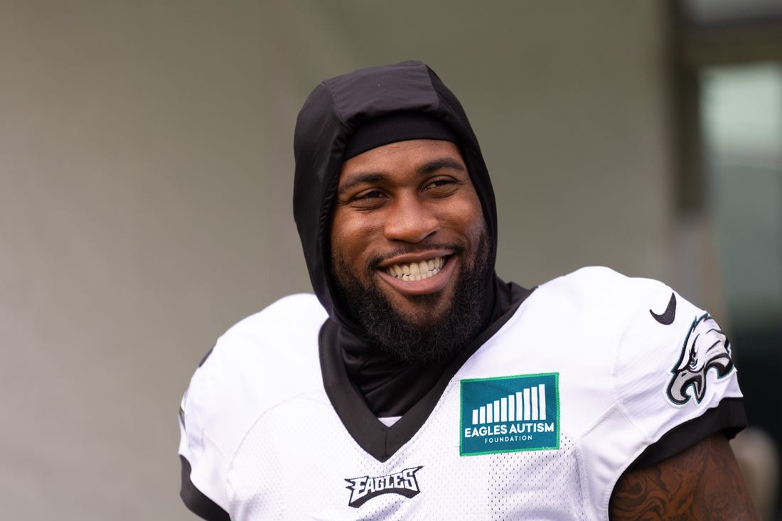 Aug 3, 2023; Philadelphia, PA, USA; Philadelphia Eagles linebacker Haason Reddick during practice at Novacare Complex. Mandatory Credit: Bill Streicher-USA TODAY Sports