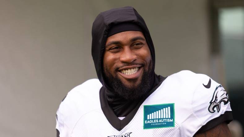 Aug 3, 2023; Philadelphia, PA, USA; Philadelphia Eagles linebacker Haason Reddick during practice at Novacare Complex. Mandatory Credit: Bill Streicher-USA TODAY Sports