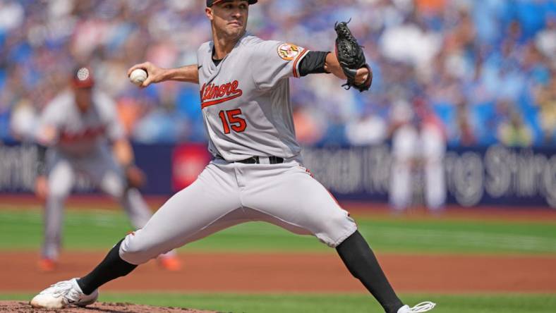 Aug 3, 2023; Toronto, Ontario, CAN; Baltimore Orioles starting pitcher Jack Flaherty (15) throws a pitch against the Toronto Blue Jays during the first inning at Rogers Centre. Mandatory Credit: Nick Turchiaro-USA TODAY Sports