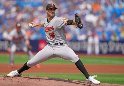 Aug 3, 2023; Toronto, Ontario, CAN; Baltimore Orioles starting pitcher Jack Flaherty (15) throws a pitch against the Toronto Blue Jays during the first inning at Rogers Centre. Mandatory Credit: Nick Turchiaro-USA TODAY Sports