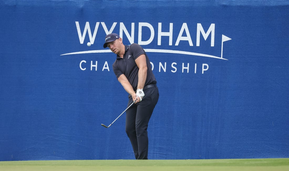 Aug 3, 2023; Greensboro, North Carolina, USA; Matt Wallace plays on the fifteenth green during the first round of the Wyndham Championship golf tournament. Mandatory Credit: David Yeazell-USA TODAY Sports