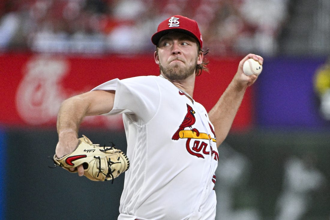 Aug 3, 2023; St. Louis, Missouri, USA;  St. Louis Cardinals starting pitcher Matthew Liberatore (52) pitches against the Minnesota Twins during the third inning at Busch Stadium. Mandatory Credit: Jeff Curry-USA TODAY Sports