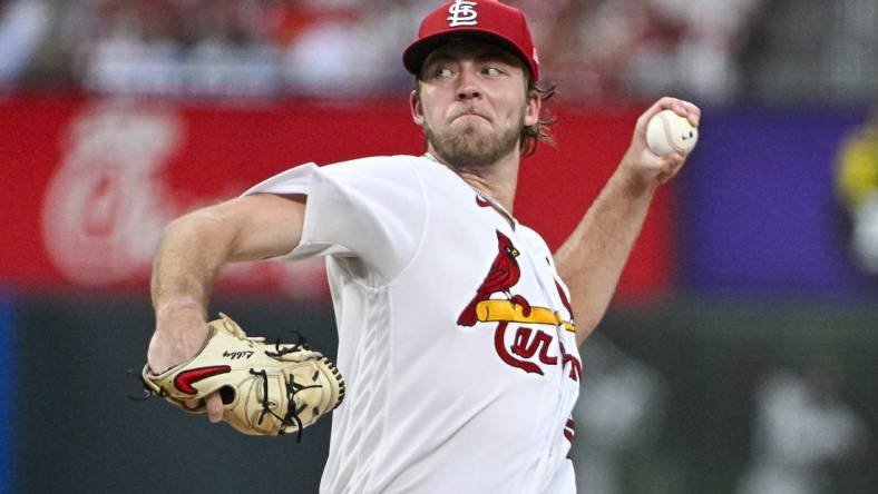 Aug 3, 2023; St. Louis, Missouri, USA;  St. Louis Cardinals starting pitcher Matthew Liberatore (52) pitches against the Minnesota Twins during the third inning at Busch Stadium. Mandatory Credit: Jeff Curry-USA TODAY Sports