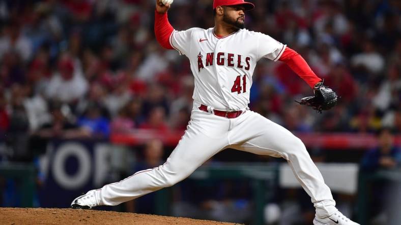 August 3, 2023; Anaheim, California, USA; Los Angeles Angels relief pitcher Reynaldo Lopez (41) throws against the Seattle Mariners during the eighth inning at Angel Stadium. Mandatory Credit: Gary A. Vasquez-USA TODAY Sports