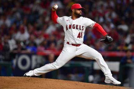 August 3, 2023; Anaheim, California, USA; Los Angeles Angels relief pitcher Reynaldo Lopez (41) throws against the Seattle Mariners during the eighth inning at Angel Stadium. Mandatory Credit: Gary A. Vasquez-USA TODAY Sports