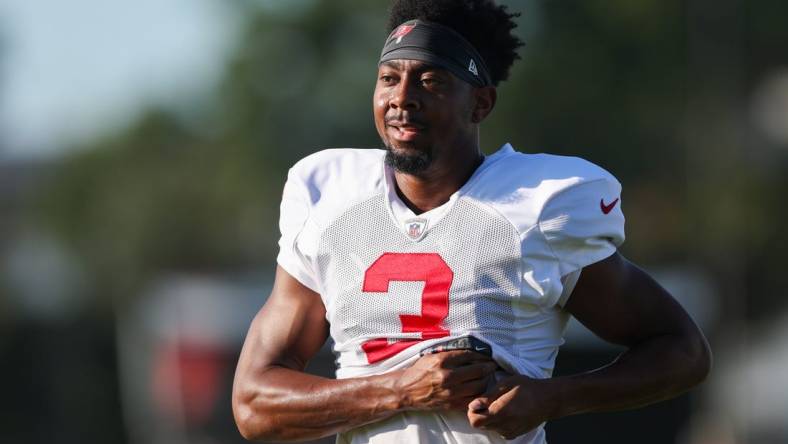 Aug 3, 2023; Tampa Bay, FL, USA;  Tampa Bay Buccaneers wide receiver Russell Gage (3) participates in training camp at AdventHealth Training Center. Mandatory Credit: Nathan Ray Seebeck-USA TODAY Sports