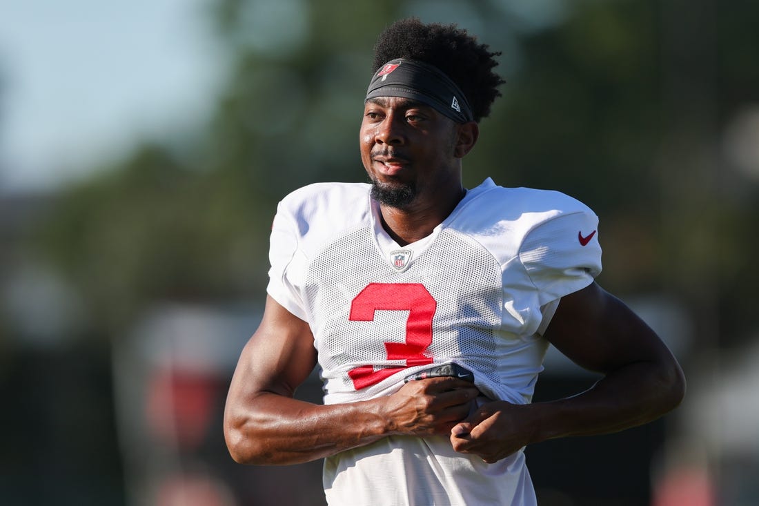 Aug 3, 2023; Tampa Bay, FL, USA;  Tampa Bay Buccaneers wide receiver Russell Gage (3) participates in training camp at AdventHealth Training Center. Mandatory Credit: Nathan Ray Seebeck-USA TODAY Sports